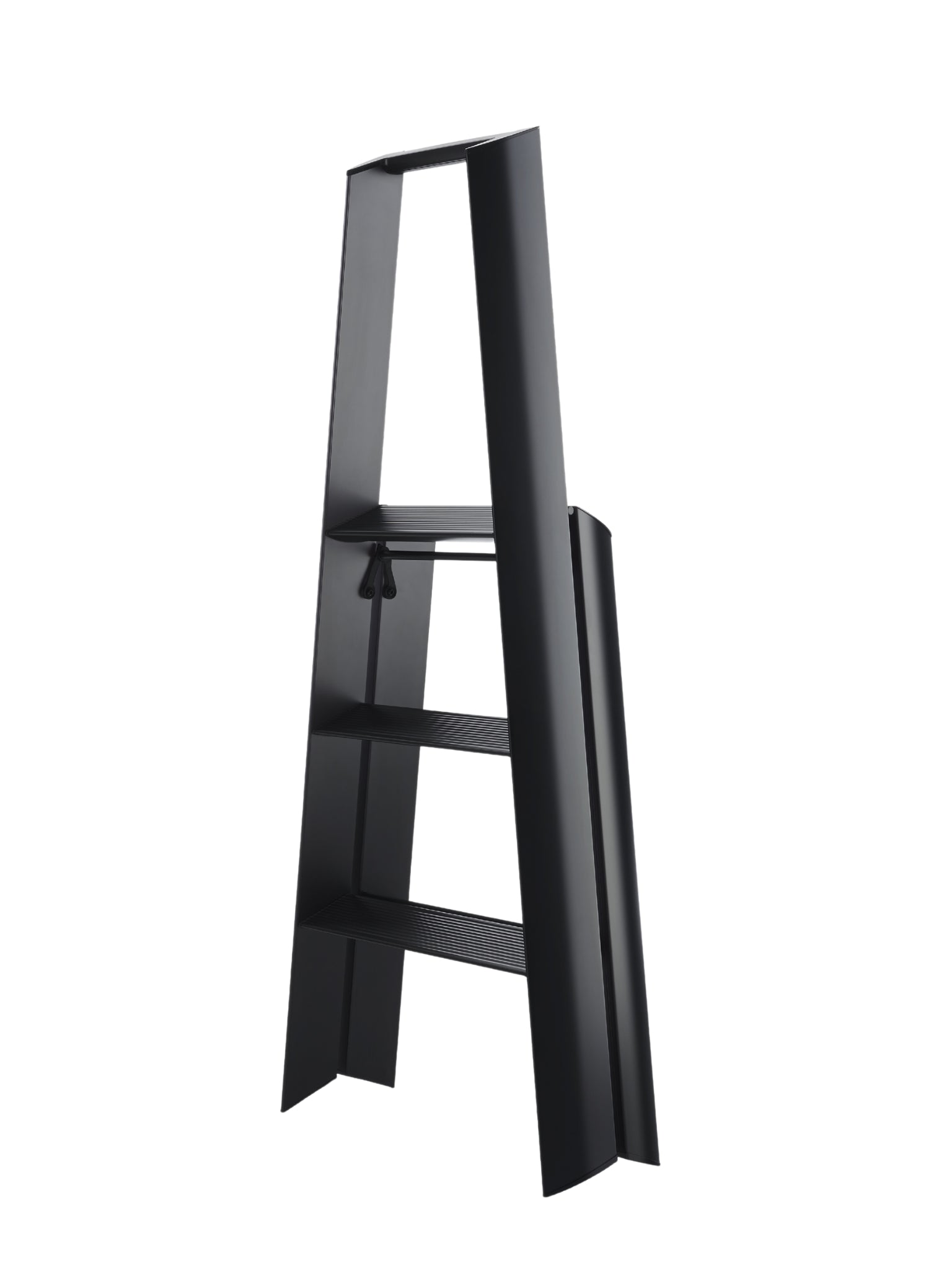 Opgevouwen Lucano 3-step ladder breed zwart – slank en rechtopstaand